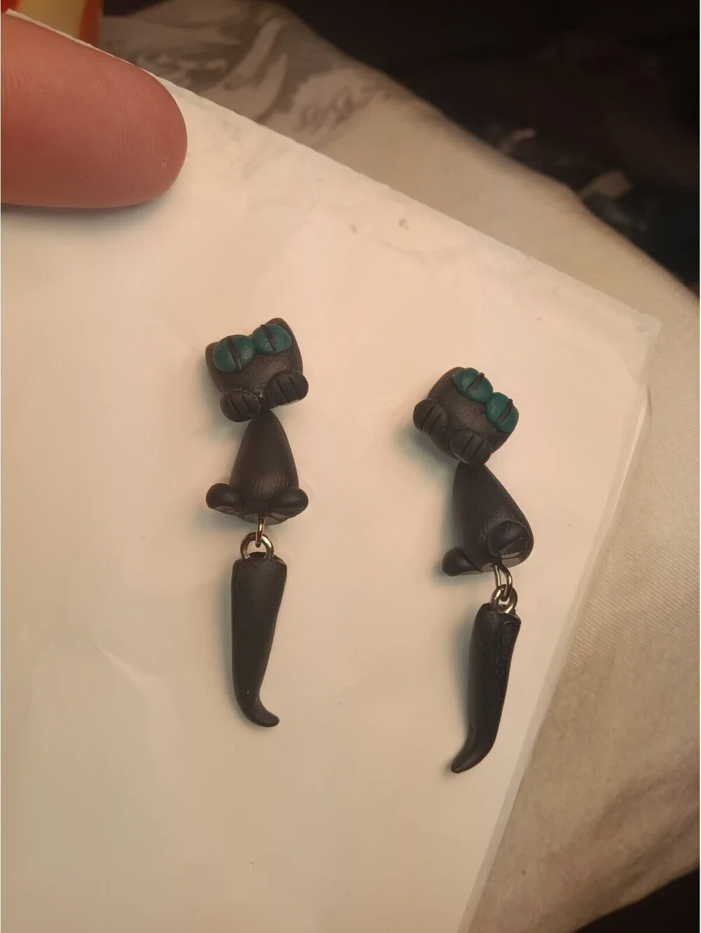 Cute 3D Black Cat Clay Dangle Earrings, Green Eyes, Witchy Gothic Halloween...